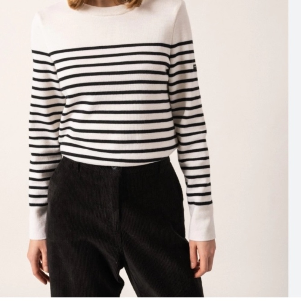 Saint James White and Black Striped Crewneck Sweater